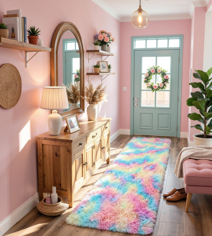 VOFUSHON Wohnzimmer Hochflor Teppich,Shaggy Flur Läufer Teppich Modern Flauschiger Weich Bunte Batik