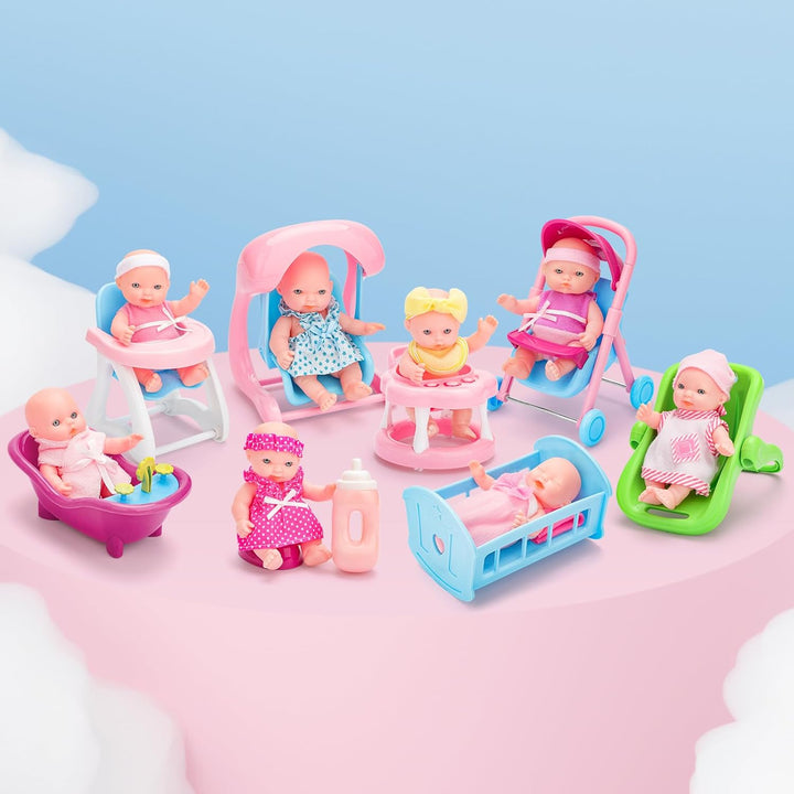 deAO 8 Stück Mini-Babypuppe mit Zubehör, Reborn Puppen Spielset mit Puppenwagen, Badespielzeug, Pupp