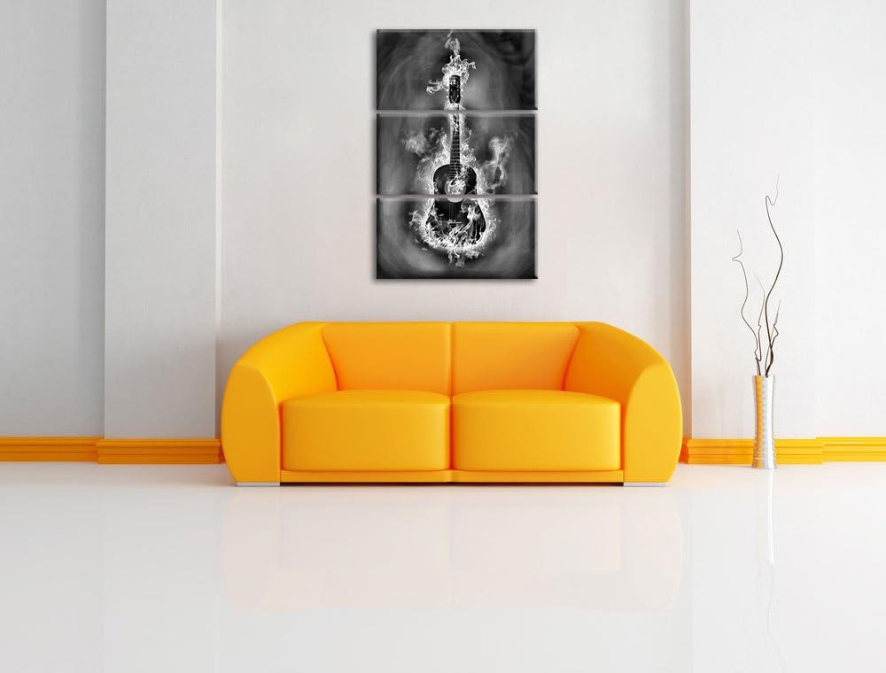 Pixxprint Monocrome, Brennende Gitarre, Heisse Flammen 3-Teiler Leinwandbild 120x80 Bild auf Leinwan