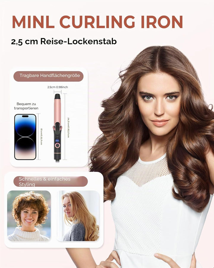 UKLISS Mini Lockenstab für Kurze Haare, 25mm Reise Lockenstab Kleine Locken, LCD Display 120-200℃, m