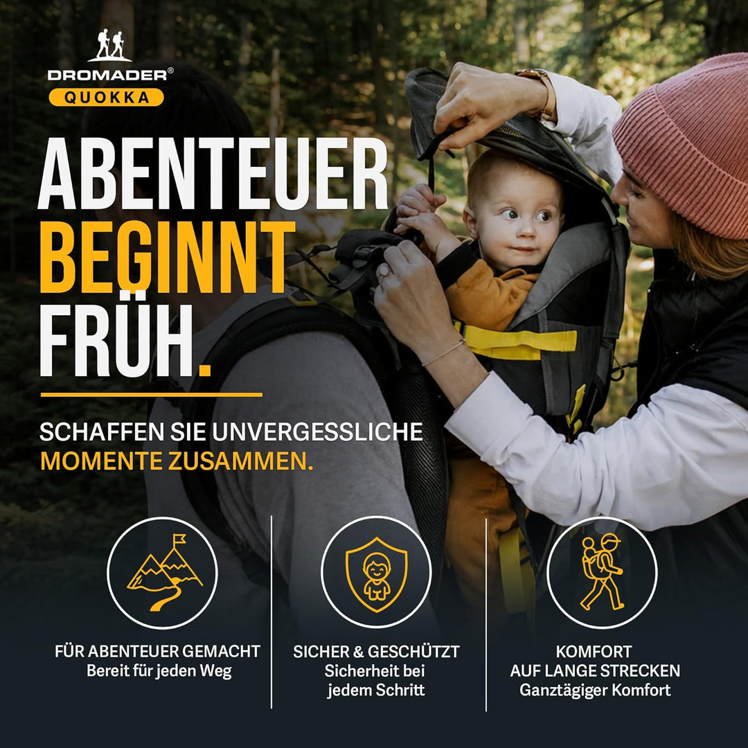 Dromader Kraxe Kindertrage bis 22kg - Baby Rückentrage Wandern mit Sonnendach Regenschutz - Babytrag