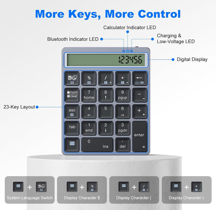 Wireless Bluetooth Numeric Keypad &amp; Rechner mit Display, 23 Keys für Laptop