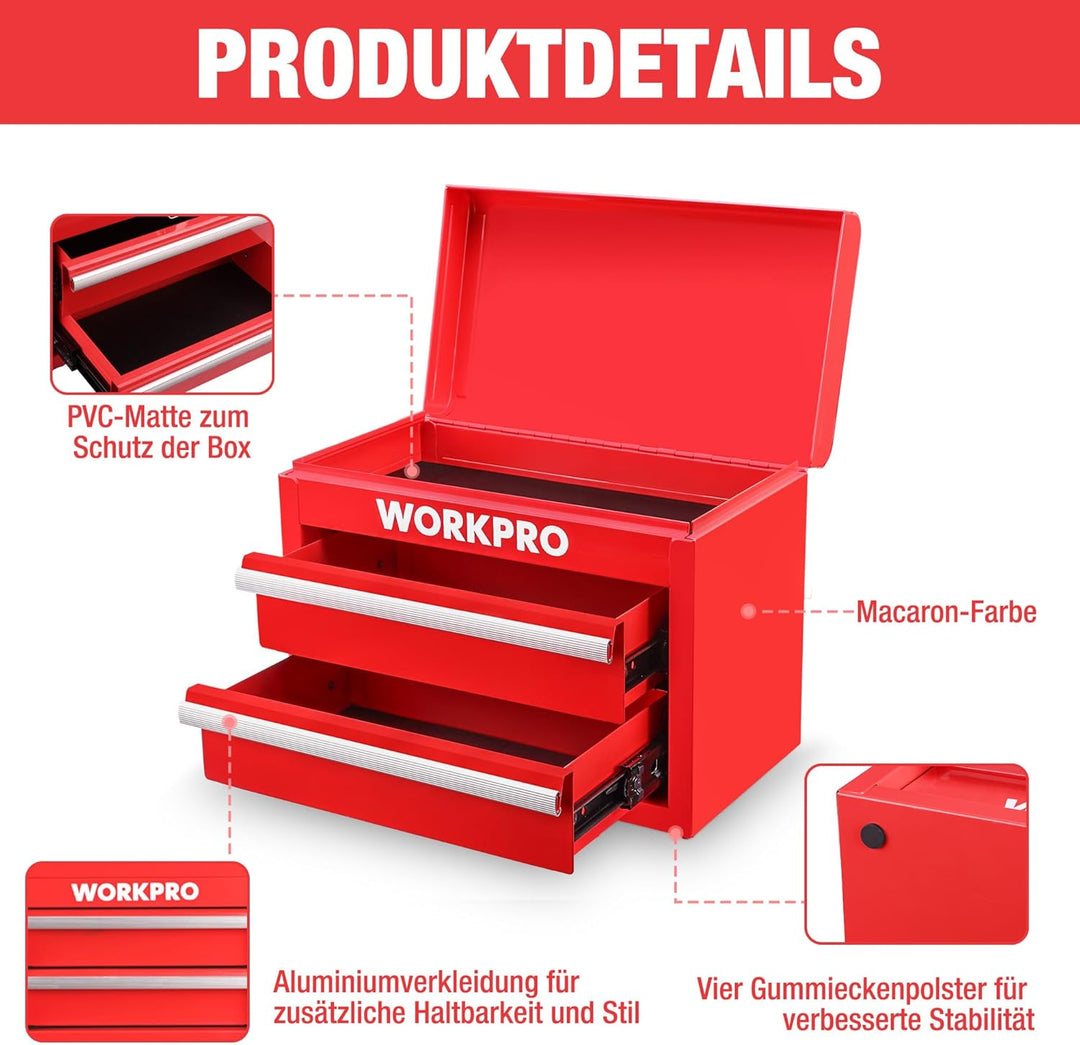 WORKPRO Metall Schubladenbox mit 2 Schubladen & Oberer Stauraum Rot, 27,5x15x20,8cm Tisch Organizer