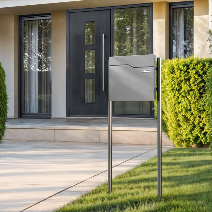 Metzler Standbriefkasten in Graualuminium - Pulverbeschichtet & mit Zeitungsfach - Inkl. Edelstahl S