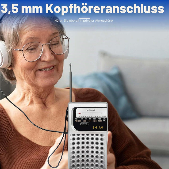 Tragbares FM-Radio, kleines Radio mit analoger Kopfhörer-Tuner, Transistor-Taschenradio mit Handschl