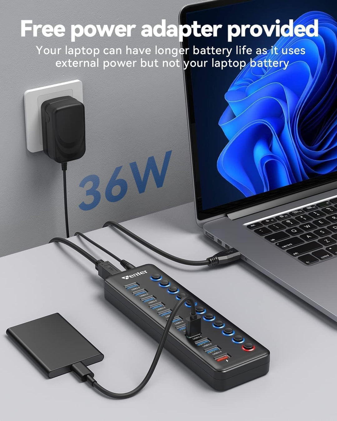 Powered USB Hub, Wenter 11-Port USB Splitter Hub (10 Faster Data Transfer Ports+ 1 Smart Charging Po