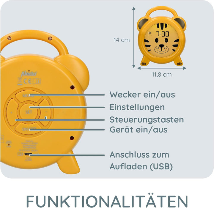 Alecto BC100TIGER - Pädagogischer Wecker Kinder - Schlaftrainer & Nachtlicht Kinder - Lernen von Sch