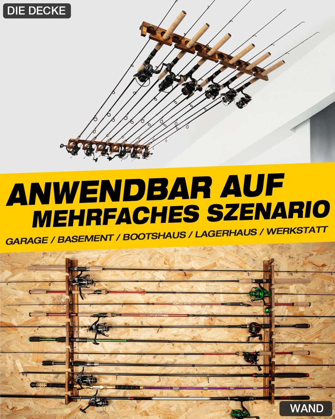 Ghosthorn Rutenhalter für bis zu 6 Ruten-Wand oder Deckenmontage-Rutenständer Angeln für Garage &amp; We
