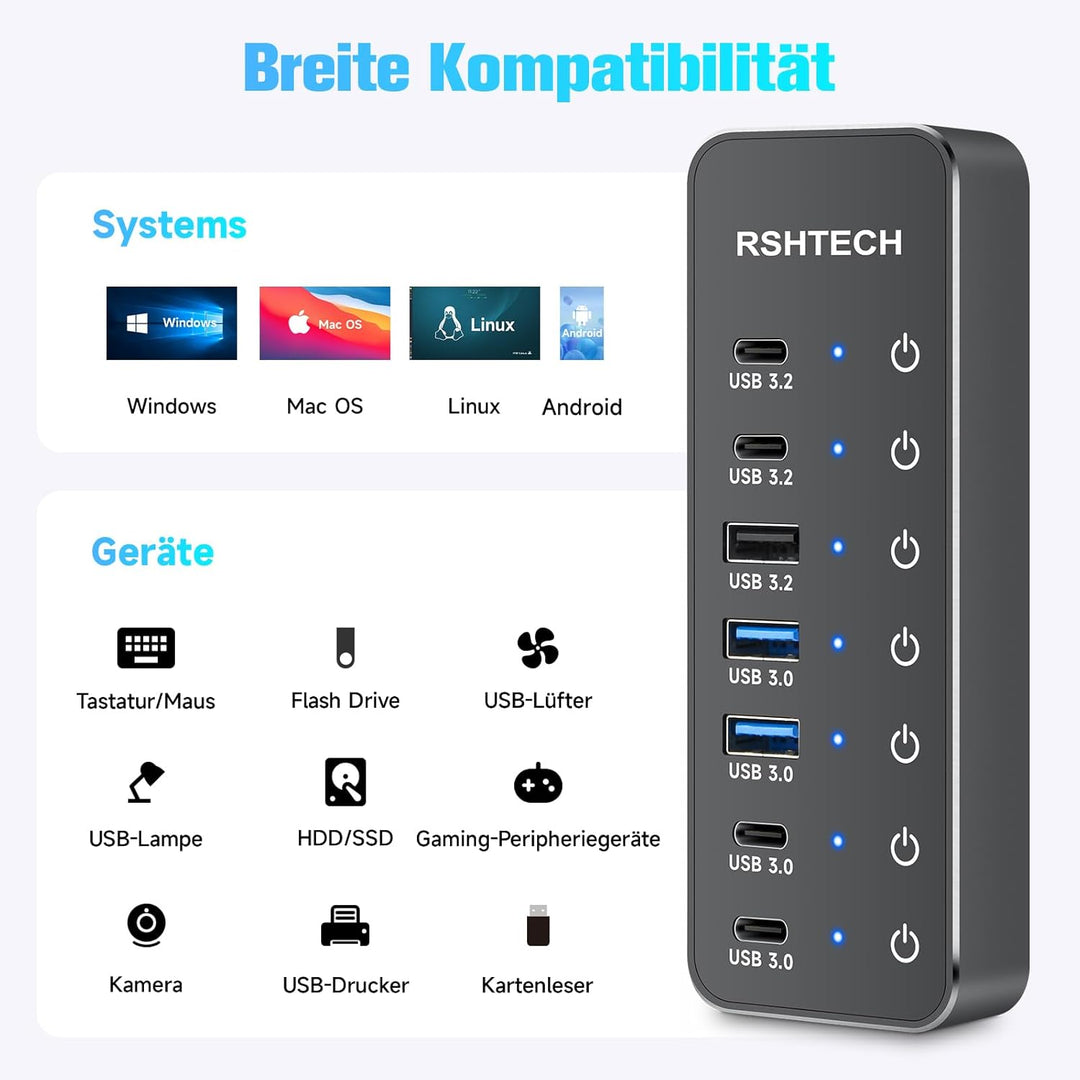 RSHTECH 7 Port USB C 3.2 Hub Aktiv mit Netzteil - USB 3.1 Gen2 Hub mit 3 * 10Gbps Ports (Type-A, 2*T