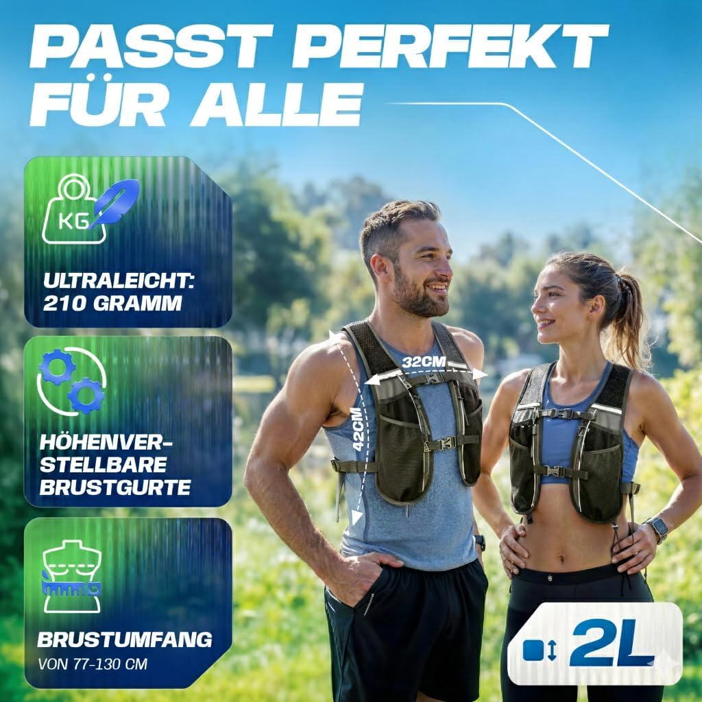 SASMO® Laufweste Damen & Herren 5L / 2L | Running Vest - Ultraleicht & atmungsaktiv| Laufrucksack Da