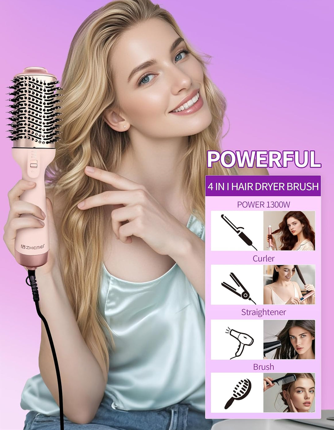 1300W Warmluftbürste, 4-in-1 Föhnbürste mit Antifrizz-Effekt, Keramik-Titan-Zylinder – Salon-Heisslu