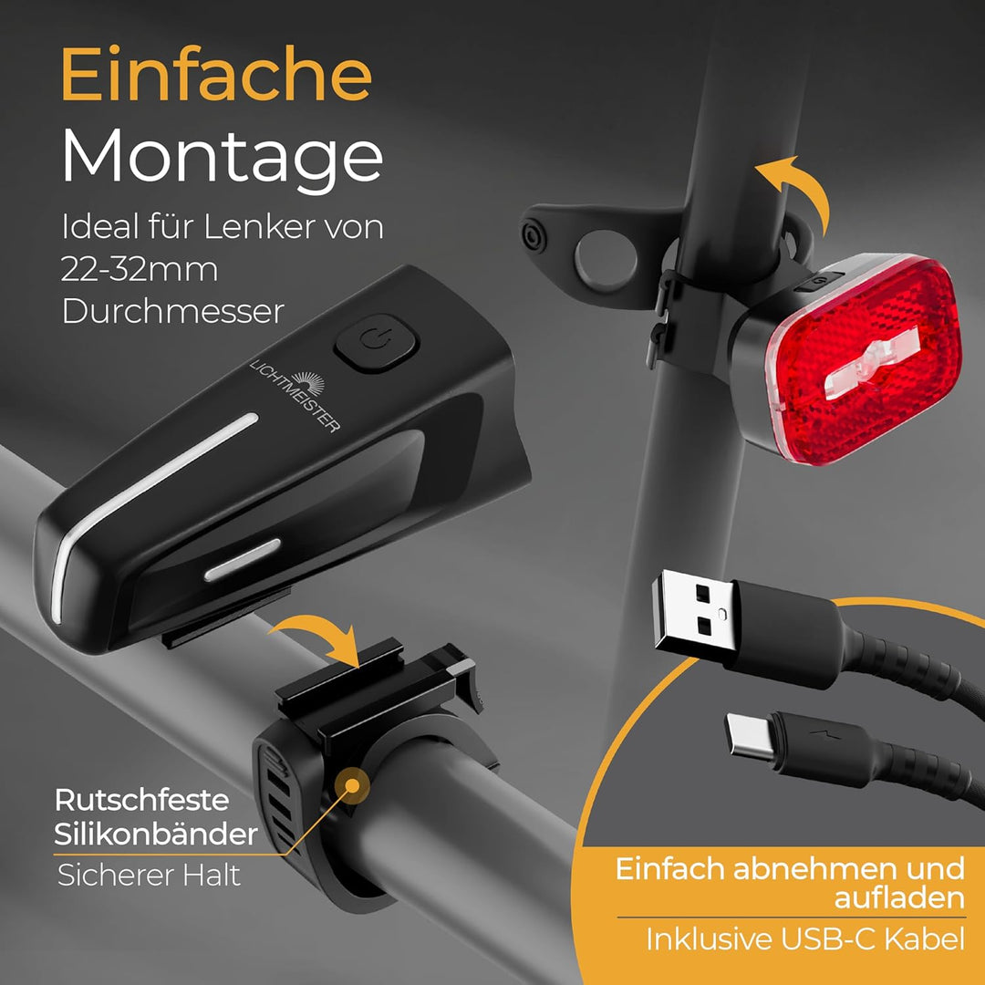 Fahrradlicht 100 Lux - 2000 mAh Akku - mit Reflektor und Bremslicht - StVZO zugelassen, USB-C auflad
