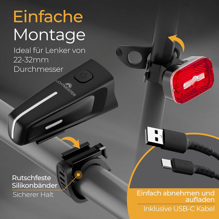 Fahrradlicht 100 Lux - 2000 mAh Akku - mit Reflektor und Bremslicht - StVZO zugelassen, USB-C auflad