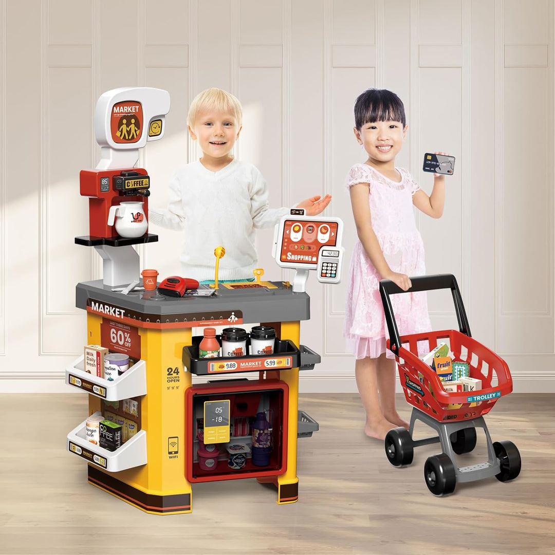 RedCrab Supermarkt Kinder mit Einkaufswagen, 55Pcs Spielsupermarkt Kaufladen Zubehör, Kaufmannsladen