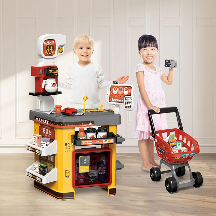 RedCrab Supermarkt Kinder mit Einkaufswagen, 55Pcs Spielsupermarkt Kaufladen Zubehör, Kaufmannsladen