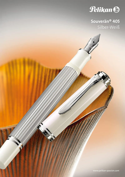 Pelikan Füllhalter Souverän 405, Silber-Weiss, Feder B (breit), hochwertiger Kolbenfüller im Geschen