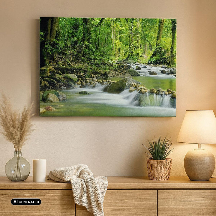Bilder auf Leinwand 100x70cm Leinwandbild mit Rahmen Stream Wald Natur Gross Wanddeko Bild Schlafzim