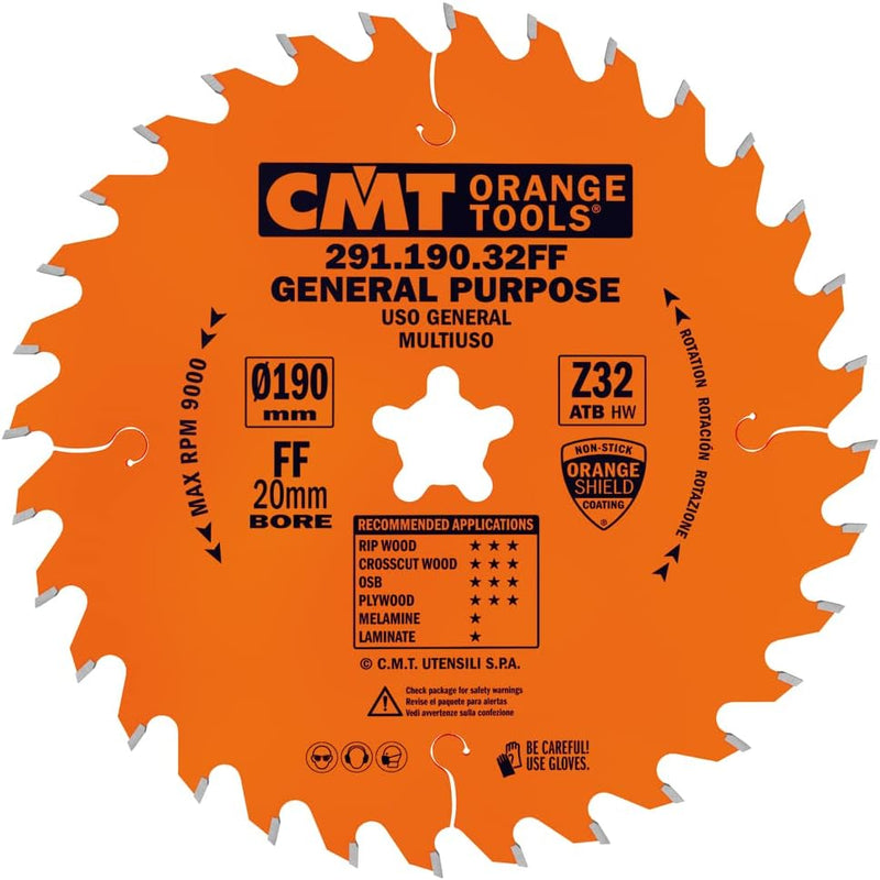 CMT Orange Tools Kreissägeblatt HW 190 x 2,6 / 1,6 x 20 (Festool® FF) Z=32 10° ATB - 291.190.32FF -