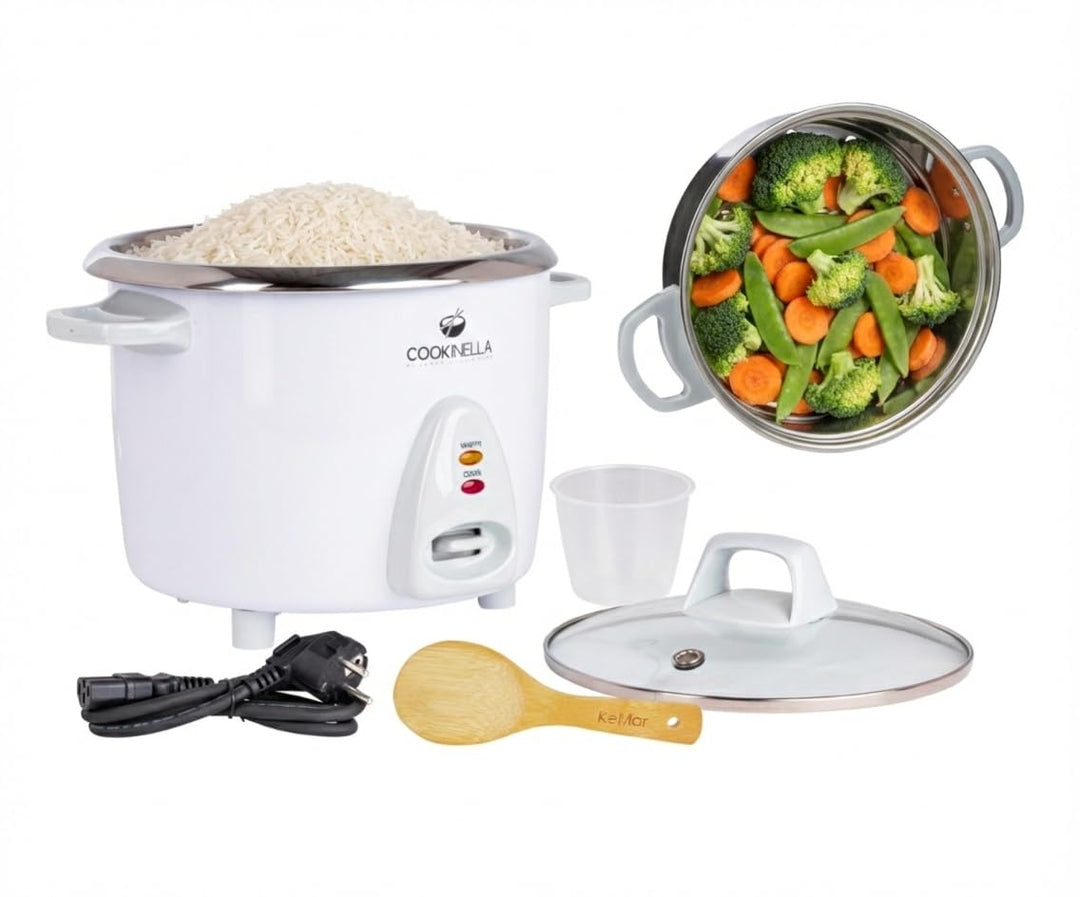 KeMar Kitchenware KRC-200 Reiskocher Edelstahltopf (1,4L, 500W, Weiss) | Glasdeckel | Bambuslöffel,