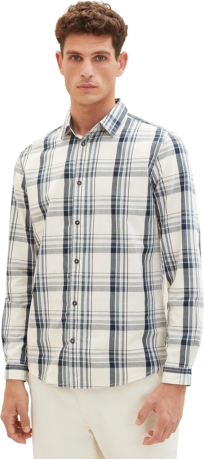 TOM TAILOR Herren Regular Fit Karo-Hemd aus Baumwolle L 32280 - Off White Teal Lilac Check, L 32280
