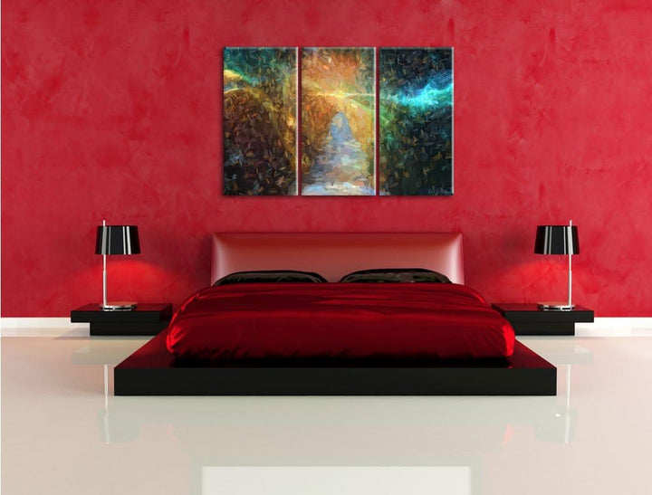 Pixxprint Treppe in die Galaxis / 3-Teilig/Gesamtmass 120cm Leinwandbild bespannt auf Holzrahmen/Wan