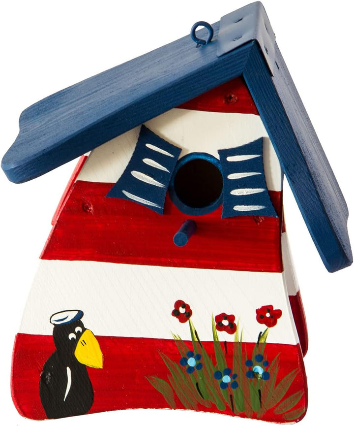 Nistkasten Leuchtturm rot/weiss, Vogelhaus aus Holz, Vogelhäuschen für Wildvögel, Nistvilla, Vogelvi