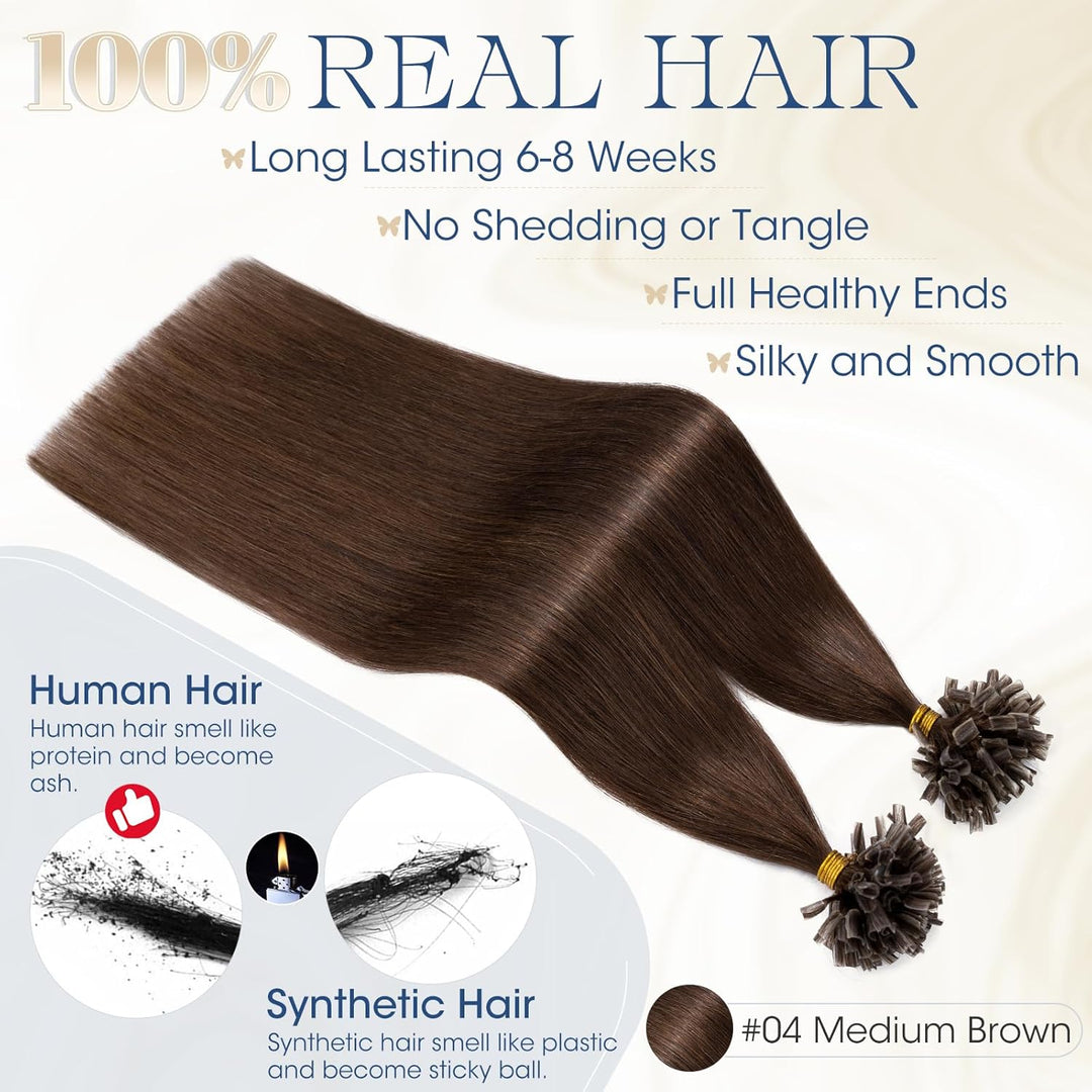 Elailite Bondings Extensions Echthaar #4 Mittelbraun, 50g 35cm U Tip Hair Extensions Keratin 100 Str