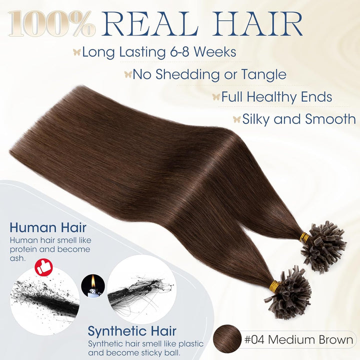 Elailite Bondings Extensions Echthaar #4 Mittelbraun, 50g 35cm U Tip Hair Extensions Keratin 100 Str