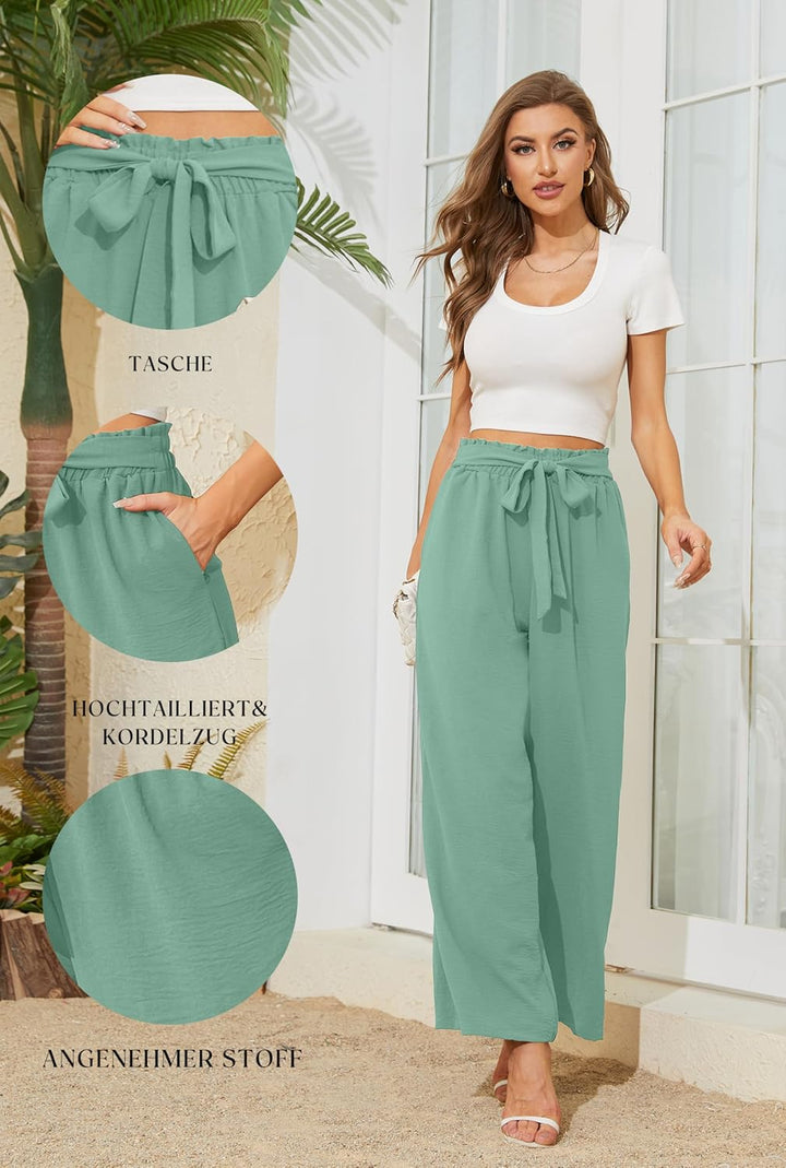 Actcat Damen Hose mit weitem Bein Leicht und Elegant Elastischer Bund Sommerhose mit Taschen für Leg