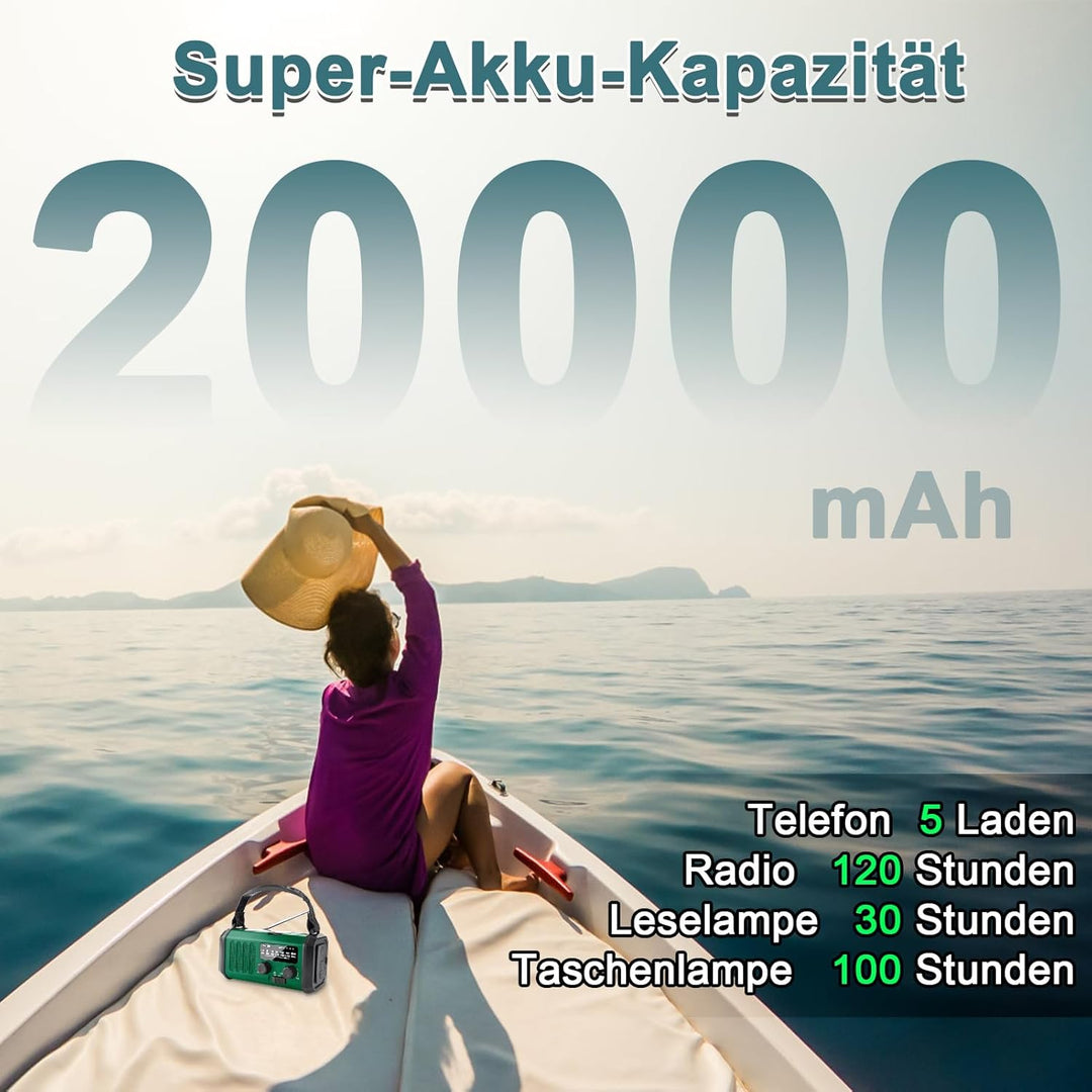 YIKANWEN Kurbelradio mit 20000mAh Akku Wiederaufladbare, Tragbar Solar Radio Dynamo Radio mit AM/FM,