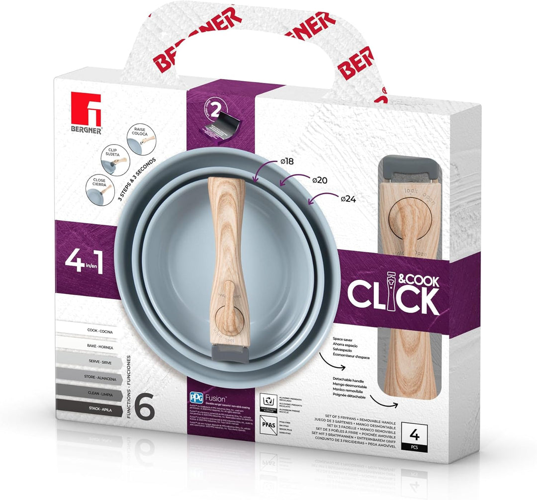 BERGNER CLICK&COOK - Set 4 Pzs Sartenes (18+20+24 cm) con Mango Desmontable - Aluminio Prensado Reci