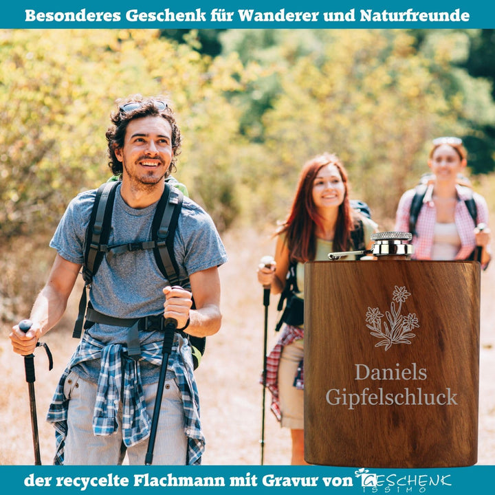 Flachmann mit Name, Spruch + Motiv, 90% Recycelter Edelstahl, nachhaltiges Schnapsgeschenk, Geschenk
