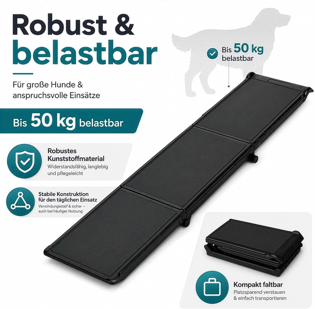 Wiltec Hunderampe 180 x 40 cm 50 kg 3-Fach faltbar rutschfeste Autorampe für Hunde, klappbare Einsti