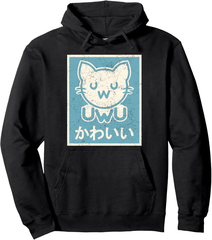 Retro Vintage Japanese UwU Cat Poster - Cute Kawaii Kitten Pullover Hoodie
