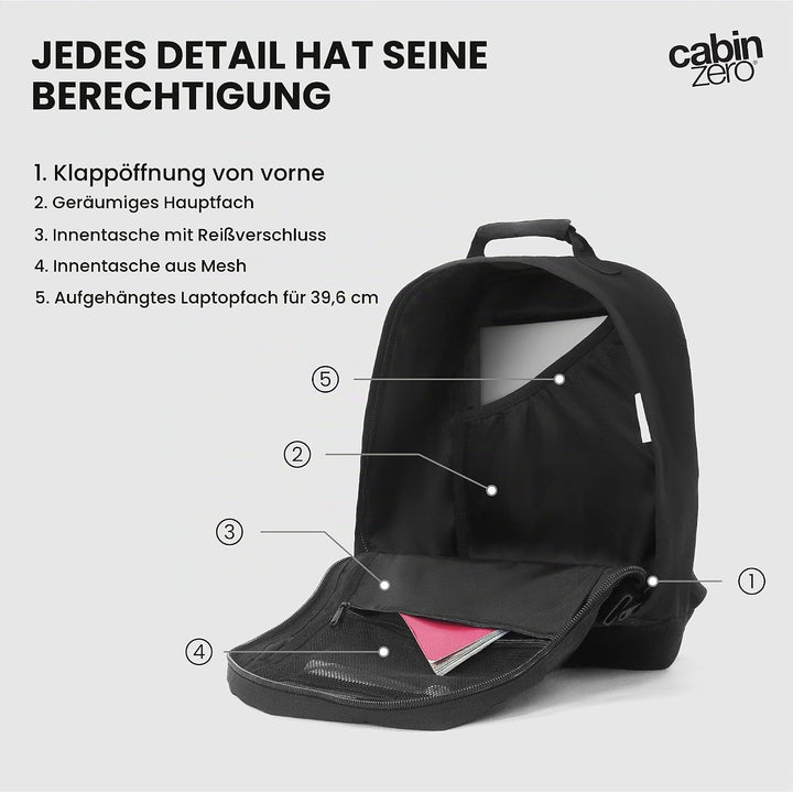Cabinzero Unisex Classic Backpack 28 l Rucksack, Absolute Black, 29,5x39x20