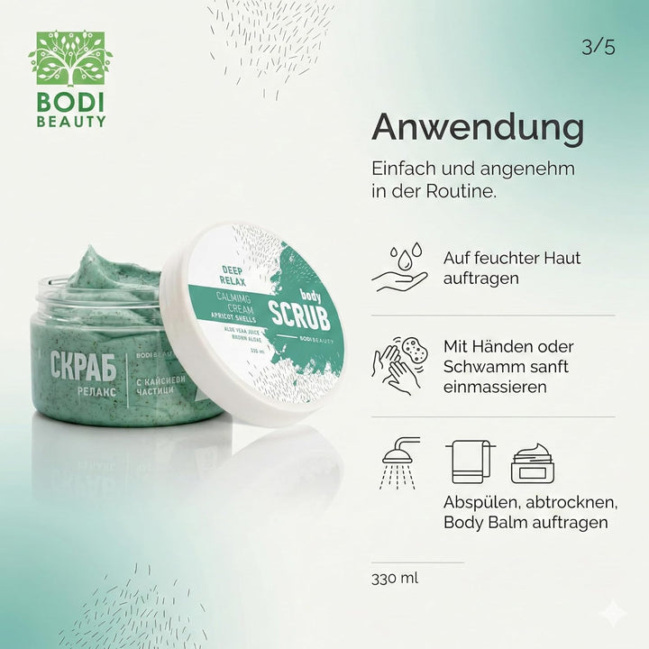 Aprikose Body Scrub & Körperpeeling Deep Relax 330 ml – Aprikosenkern, Algenextrakt, Aloe Vera, Trau