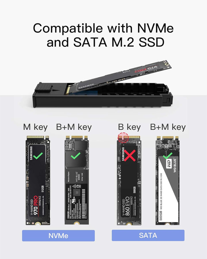 Inateck NVMe M.2 USB 3.2 Festplattengehäuse mit Kühlkissen 10 Gbps, unterstützt M.2 SATA B+M Key und