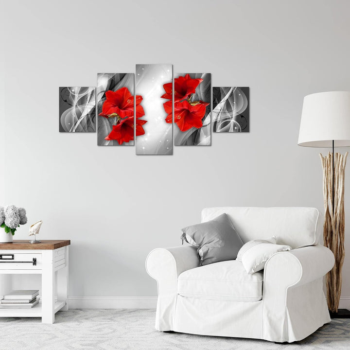Runa Art Wandbilder Blumen Lilien 5 Teilig Bild auf Vlies Leinwand Deko Wohnzimmer Abstrakt Grau Rot