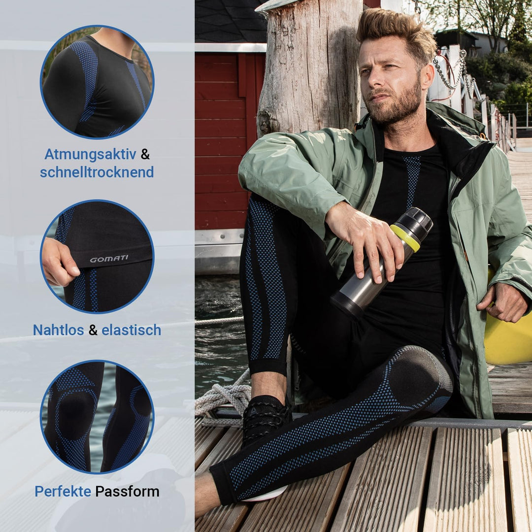 Celodoro Herren Thermo Unterwäsche Set Seamless Funktionswäsche schnelltrocknend S-M Schwarz / Blau,
