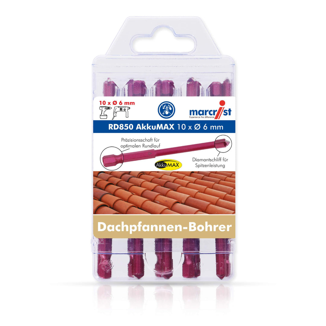 Marcrist RD850 AkkuMAX Dachziegelbohrer 6 mm 10er-Set - Hartmetall-Fliesenbohrer für Dachpfannen, To