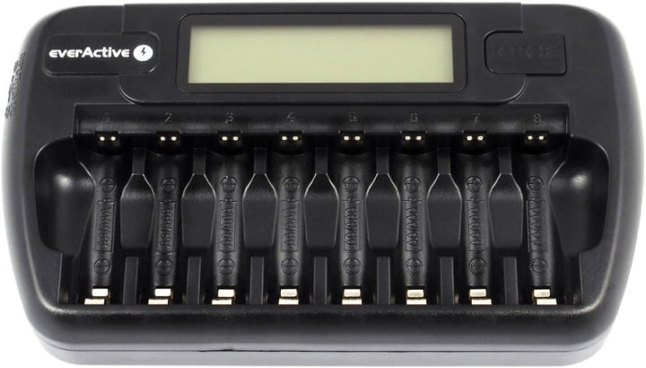 everActive Ladegerät für 8 Akkus AAA AA, schnelle Ladung - 4 Stunden Akku-Set, LCD Anzeige, Auffrisc