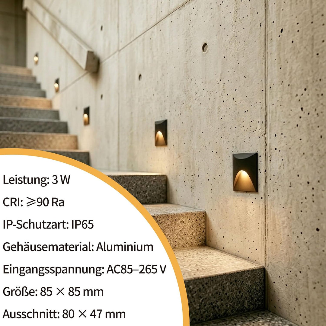 4Stk. LED Einbauleuchte für Treppenleuchte 3W, IP65 Wasserdichte Treppenbeleuchtung Treppen Licht St