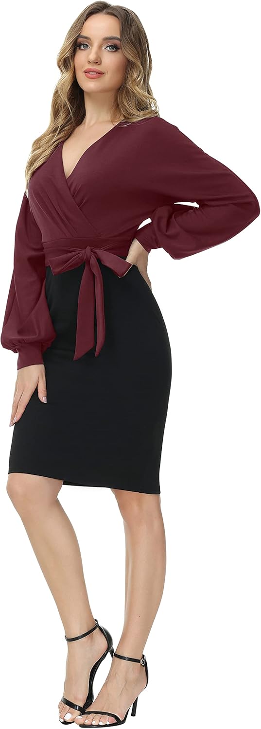 GRACE KARIN Damen Arbeit Bodycon Bleistiftkleid Langarm Hochzeit Gast Büro Kleider V-Ausschnitt Part