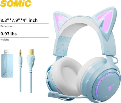 Somic Cat Ear Kopfhörer, 2.4G/Bluetooth Wireless Gaming Headset für PS5, PS4, PC mit RGB Lichtern un