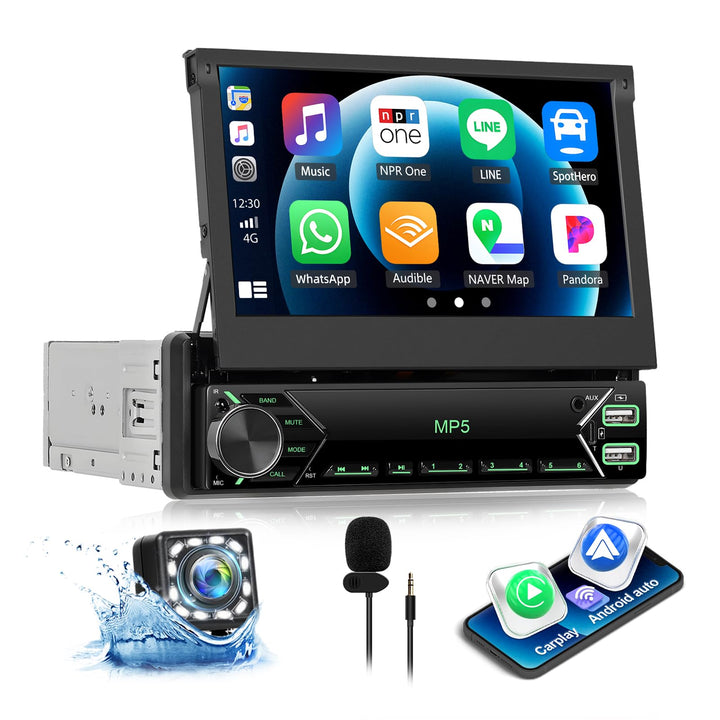 CAMECHO Autoradio 1 Din Wireless Carplay mit HD Rückfahrkamera, 7 Zoll Touchscreen Bluetooth Radio M