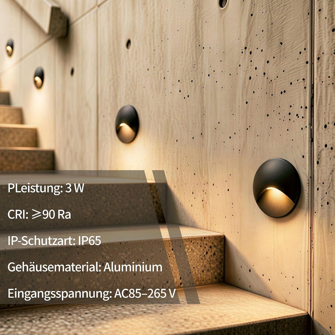 4Stk. LED Einbauleuchte für Treppenleuchte 3W, IP65 Wasserdichte Treppenbeleuchtung Treppen Licht St