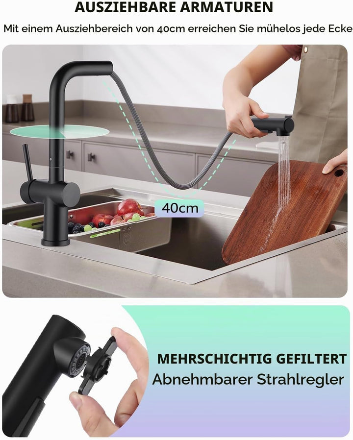 Küchenarmatur mit Brause Ausziehbar, Hochdruck Wasserhahn Küche Schwarz mit Zwei Wasserstrahlarten,