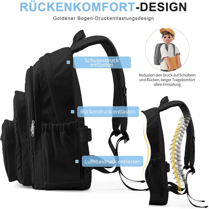 Schwarzer Rucksack Damen Herren, Leichter Schulrucksack Teenager Mädchen Jungen, Wasserabweisend Uni