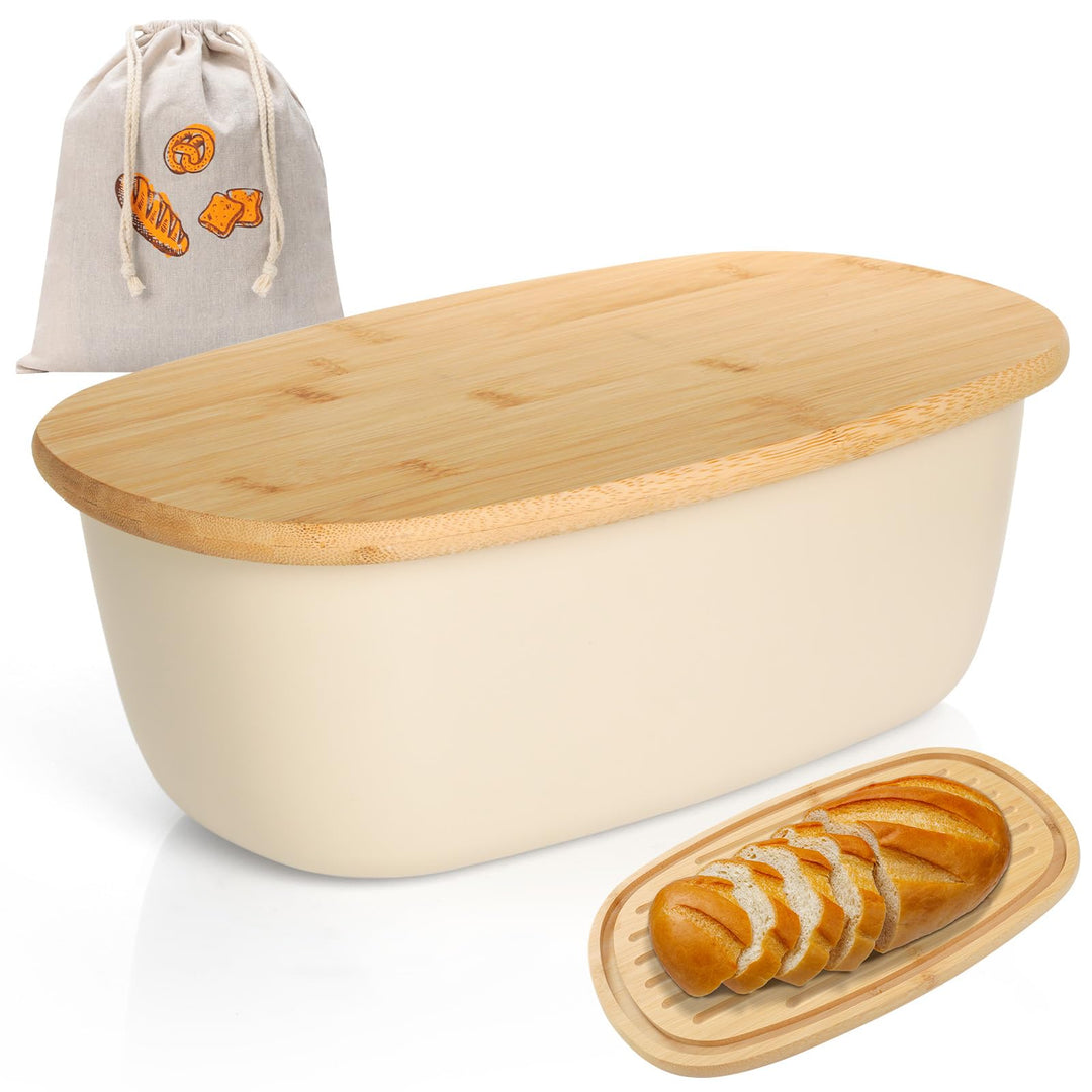 Cozary Brotkasten mit Bambusdeckel, 6L Grosser Brotbox mit Leinen Brotbeute, 37x22.5x14cm, Anti-Ruts