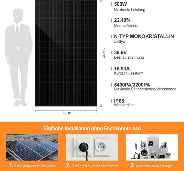 SAKETE Solarmodul 500W – N-Typ Full Black Solarpanel mit Halbzellen-Technologie, geeignet für Balkon